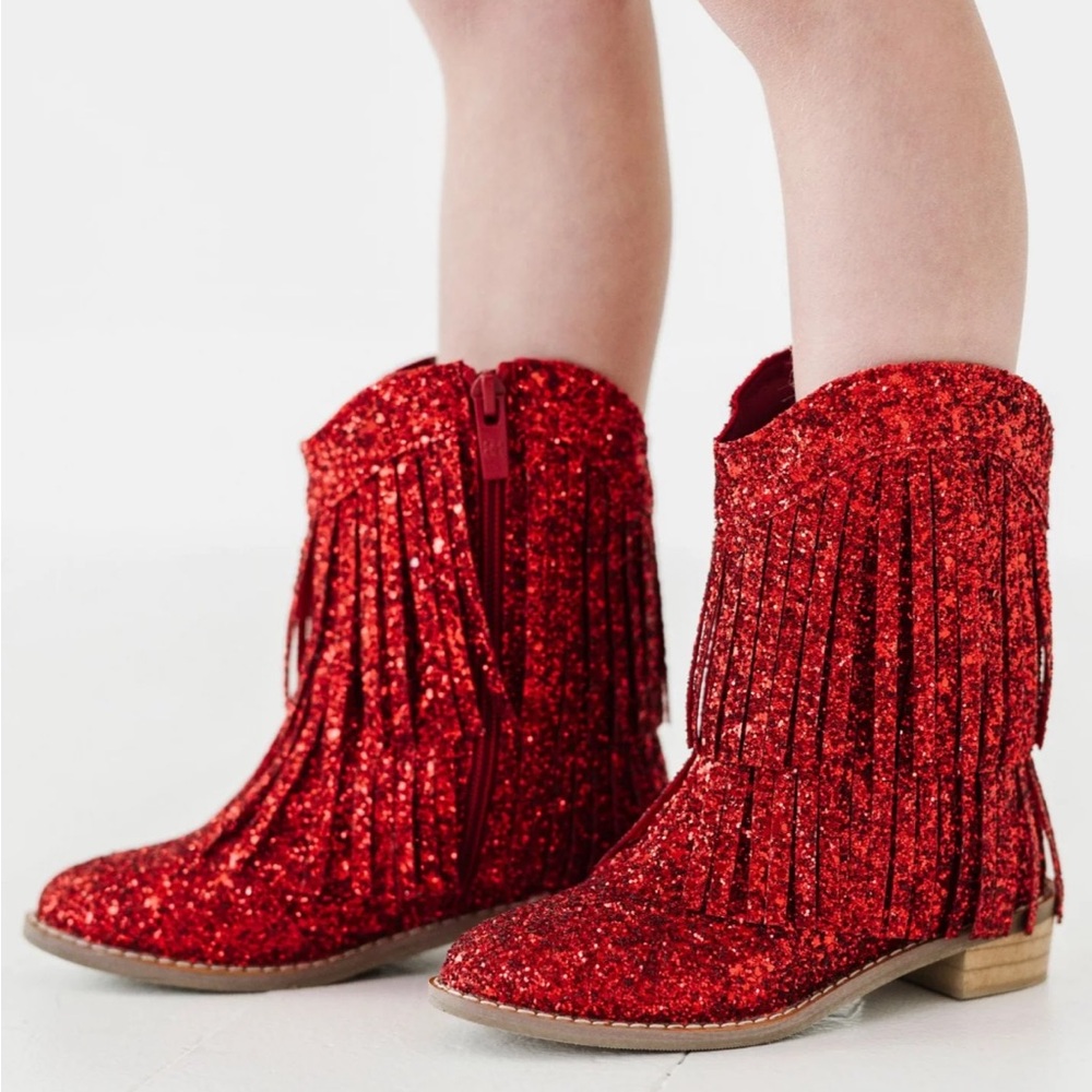 NWOT Bums and Roses little girl Red Glitter Fringe Boots